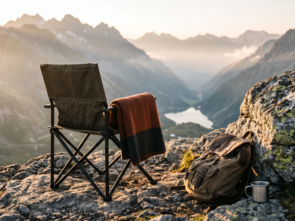 Camping chair overlooking mountain lake